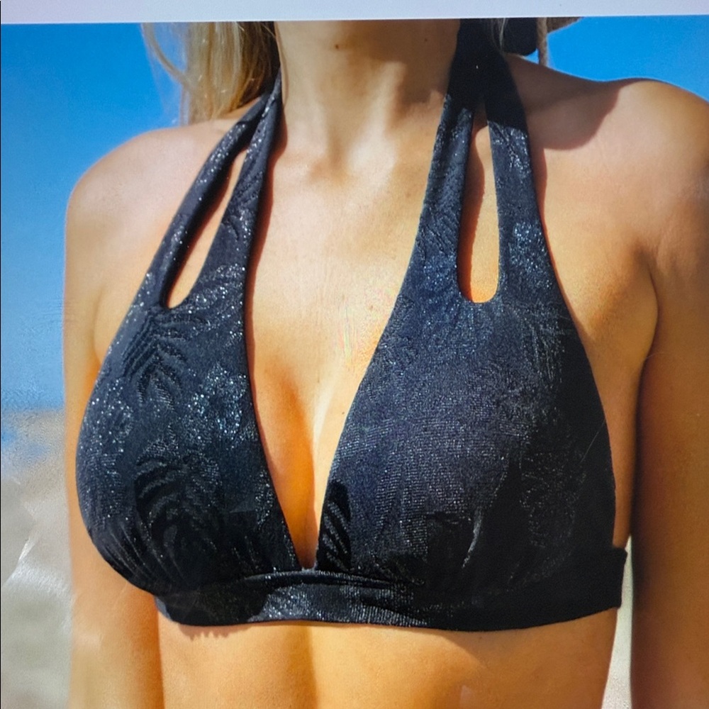 Cupshe NWT Bikini halter top Medium Dark Blue Sparkly Silver Floral Keyhole